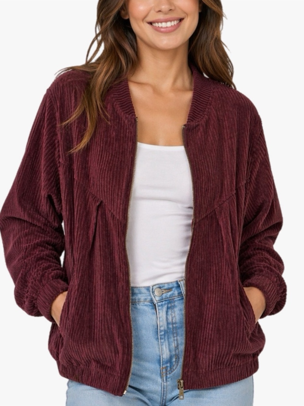 Shein Curve Corduroy Zip-Up Light Bomber Jacket in Wine Women’s Plus Size 2X